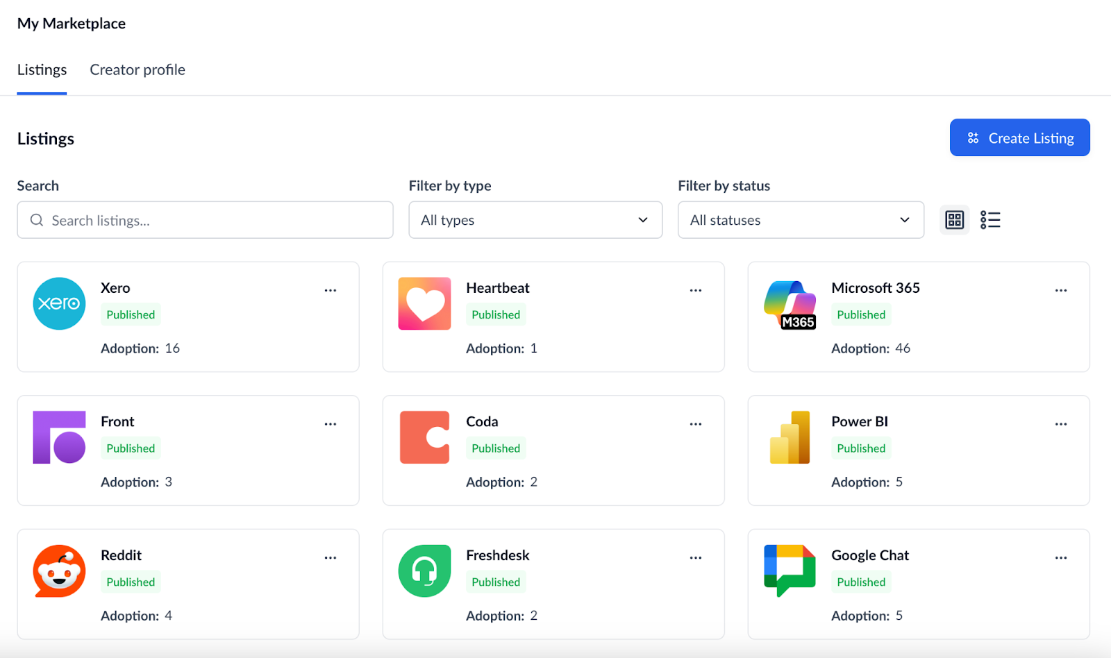 Create Listing button in My Marketplace