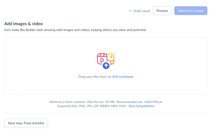 Marketplace listing image and video uploads