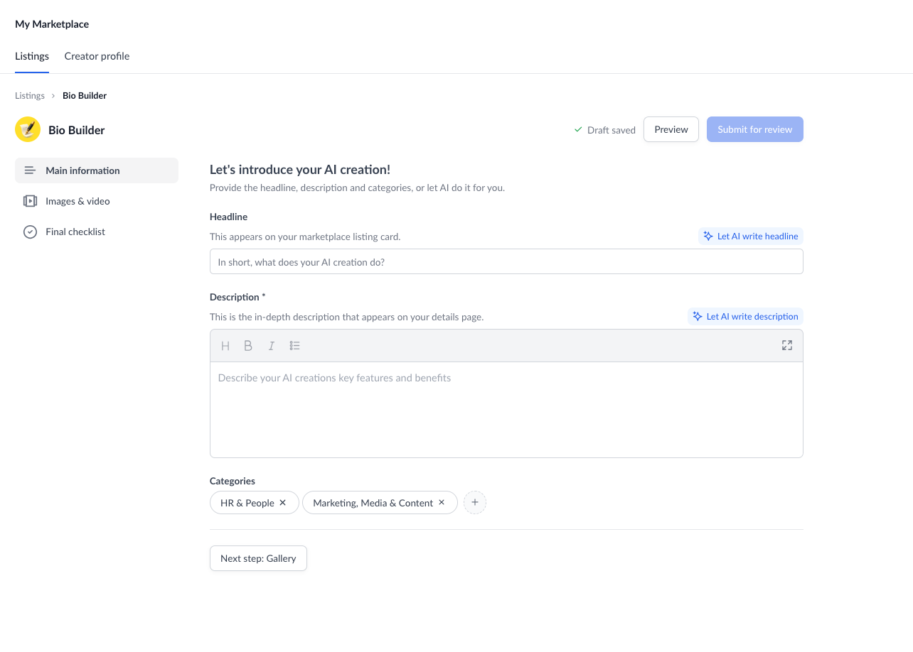 Marketplace listing profile fields